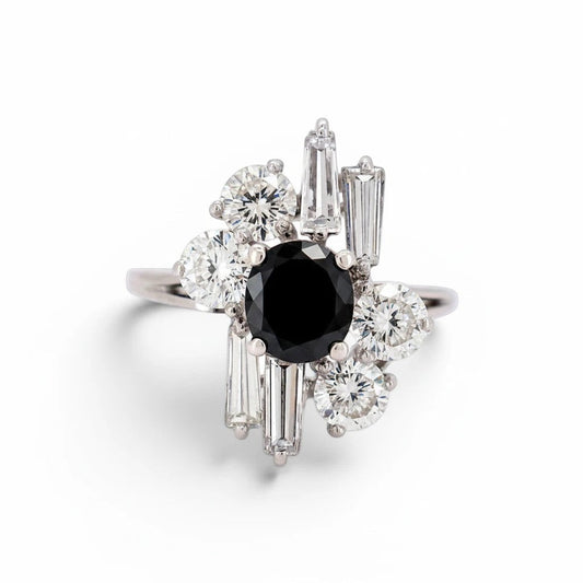 Vintage Modernist 18k white gold ring featuring a 1.50ct round blue sapphire and 1.50ctw trapezoid diamond halo by Antique Jewelry Finds.