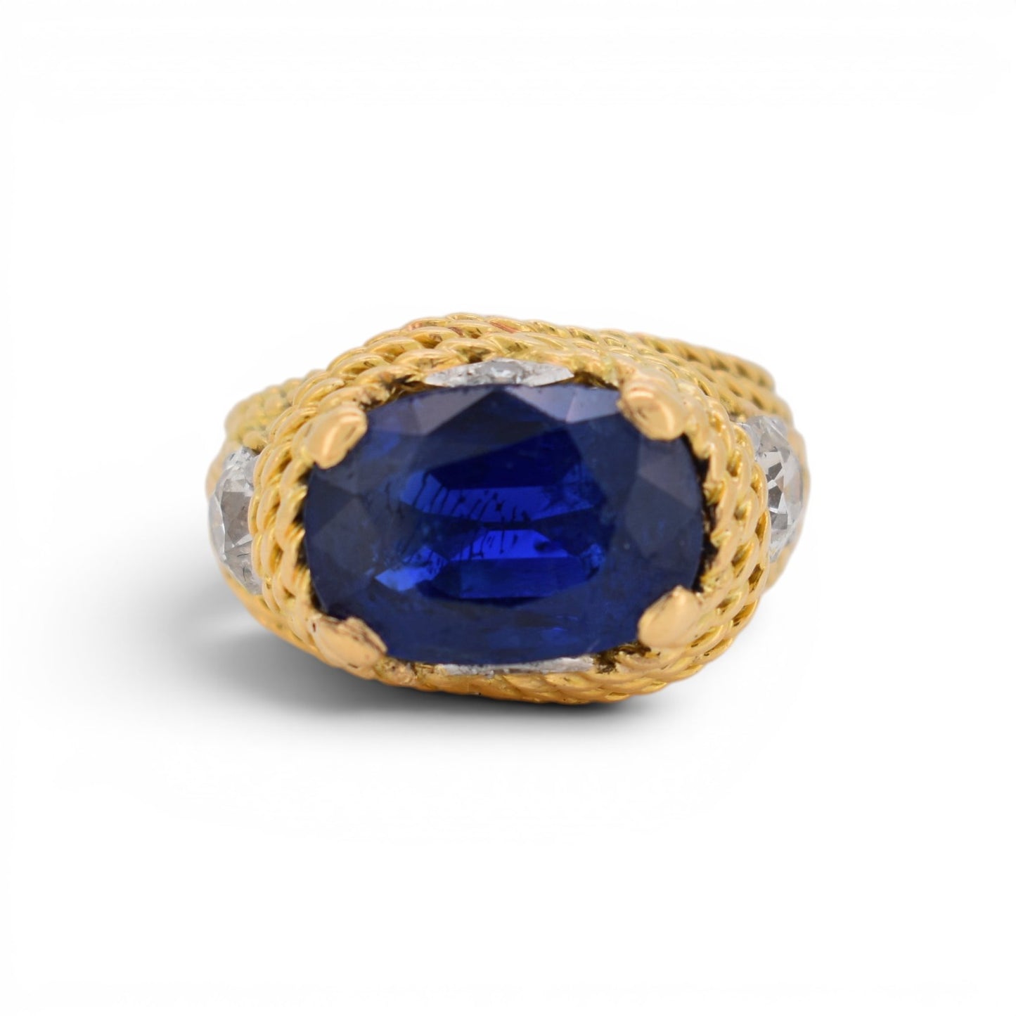 Detailed macro shot of the 5.20 carat GRS certified unheated Ceylon blue sapphire showcasing its intense color.