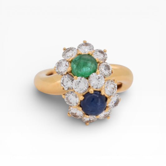 Large vintage 1970s Toi et Moi ring with emerald and sapphire cabochons and 2ct diamonds