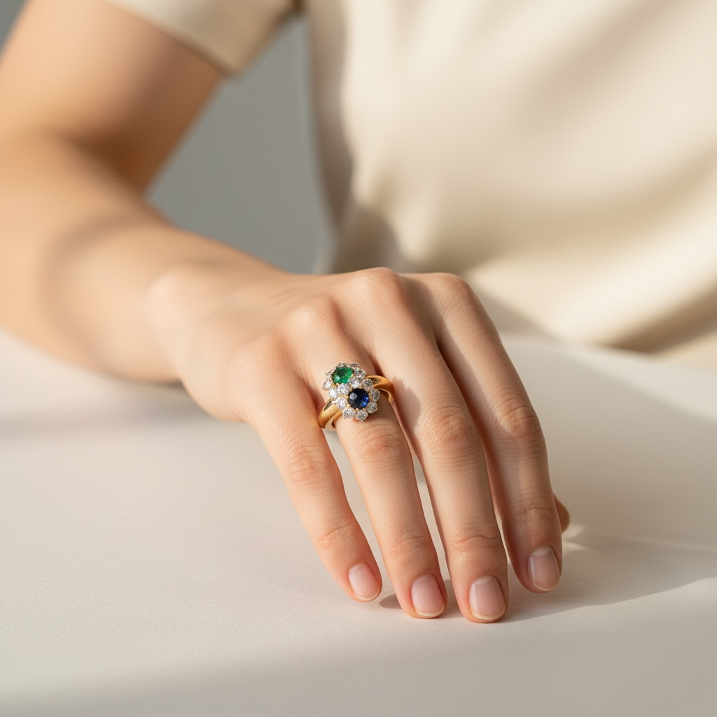 Vintage 2ct diamond and gemstone statement ring worn on a hand for scale